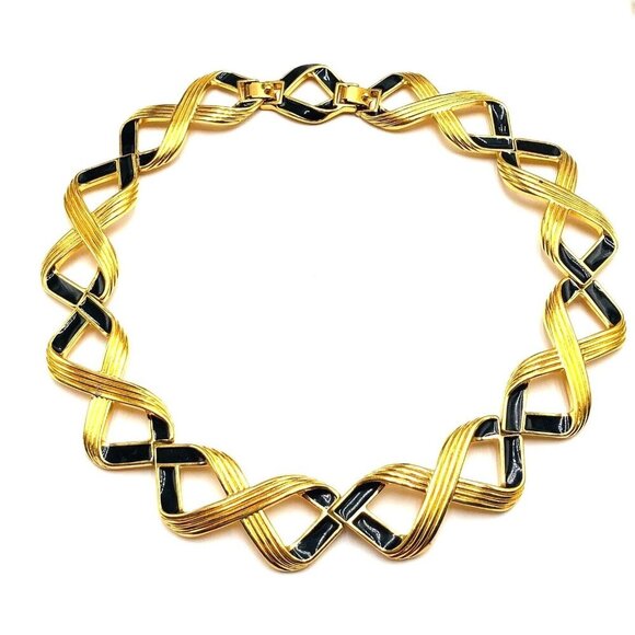 Monet Womens Necklace Black Enamel Gold Tone Choker Collar 16 Inch Vintage - Picture 1 of 3